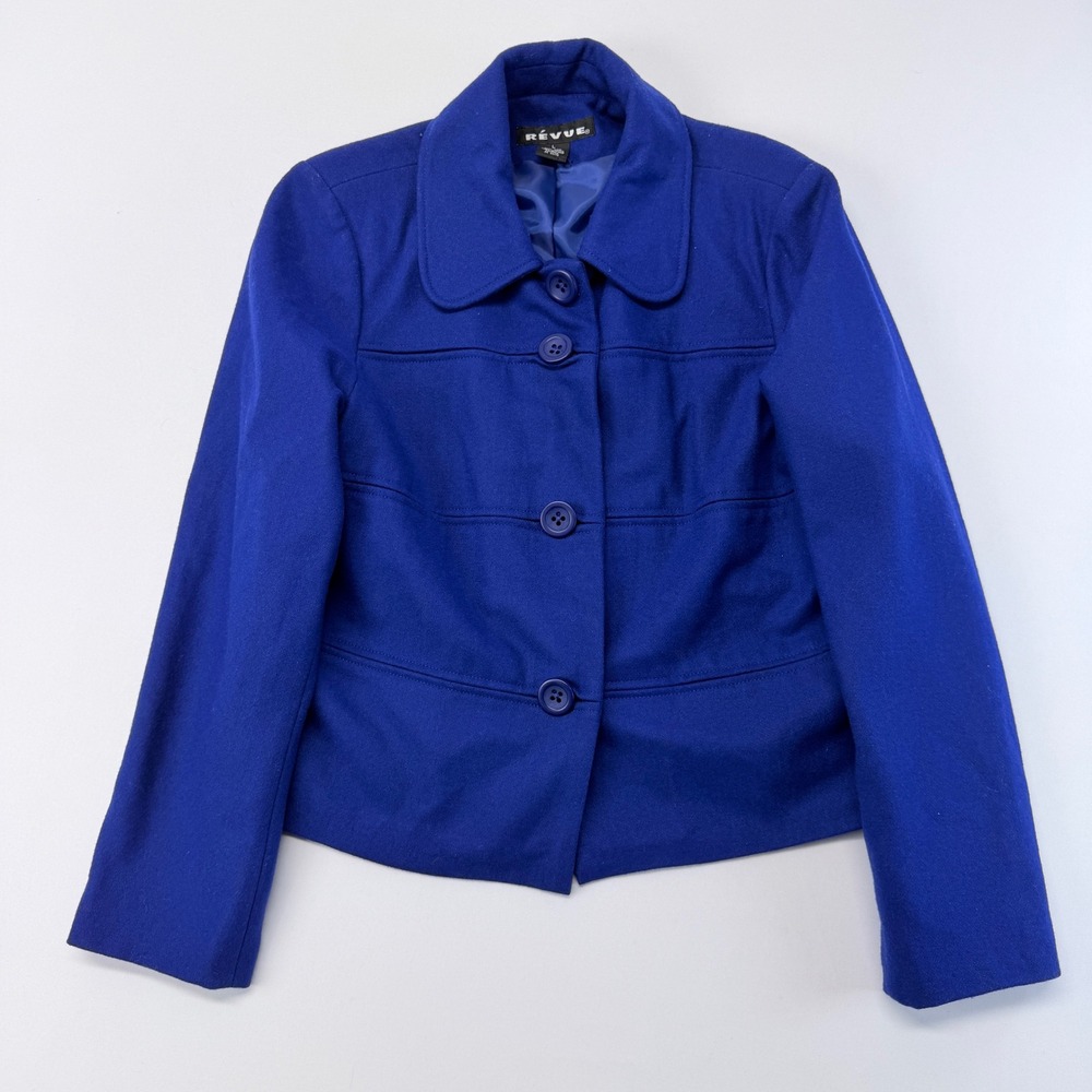 Revue Womens Cobalt Blue Wool Blend Button Front Structured Jacket Large